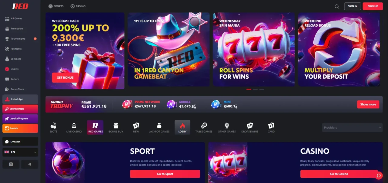 1Red European Casino Homepage