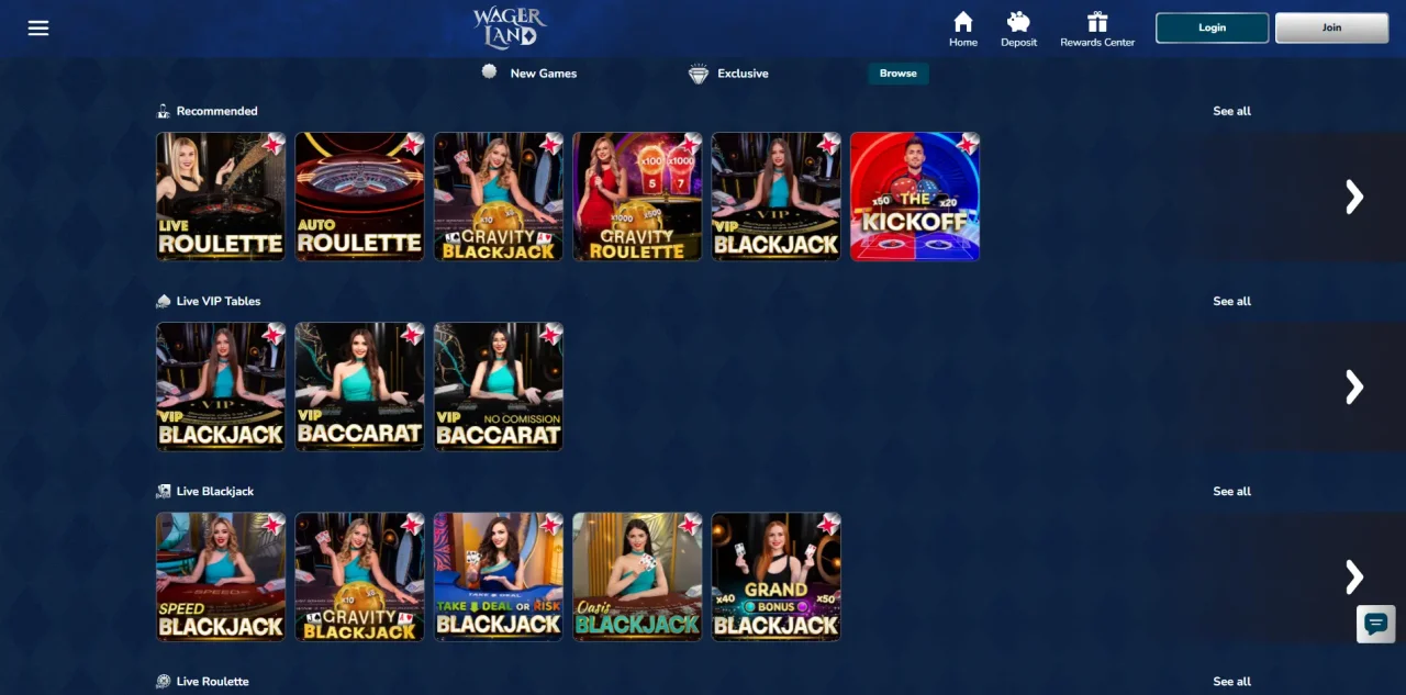 Live Casino options at WagerLand Casino