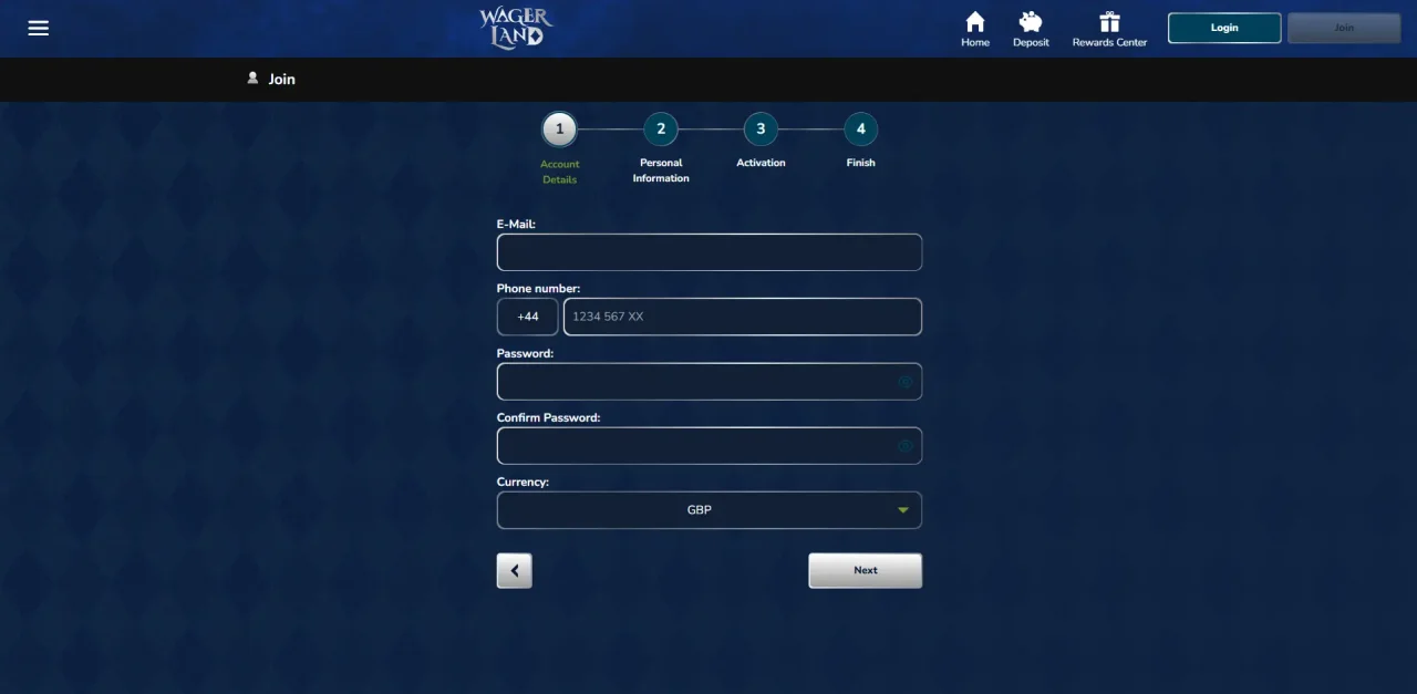 Sign Up form at WagerLand Casino